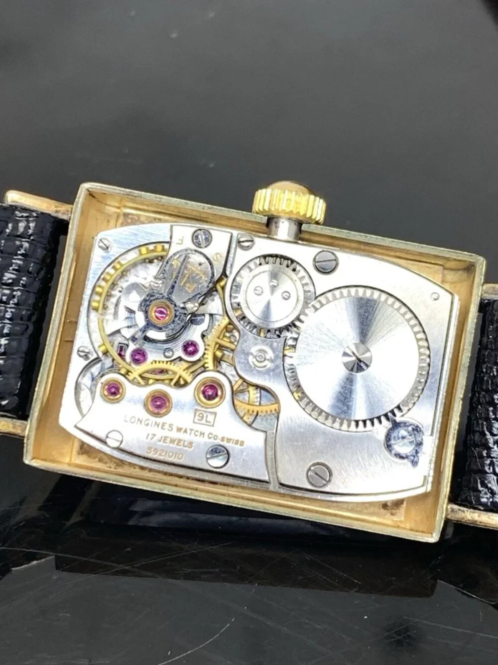 Longines Watch 1930s Vintage Swiss Mechanical Rose Dial Black Leather Strap Tank